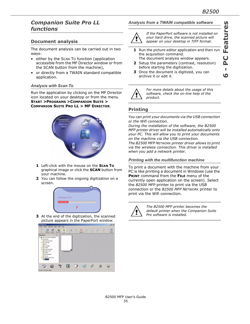 Companion suite pro ll functions, Document analysis, Analysis with scan to | Analysis from a twain compatible software, Printing, Printing with the multifunction machine, Analysis from a twain compatible, Software, Printing with the multifunction machine35, 6 - pc features | Xerox B2500 MFP User Manual | Page 35 / 42