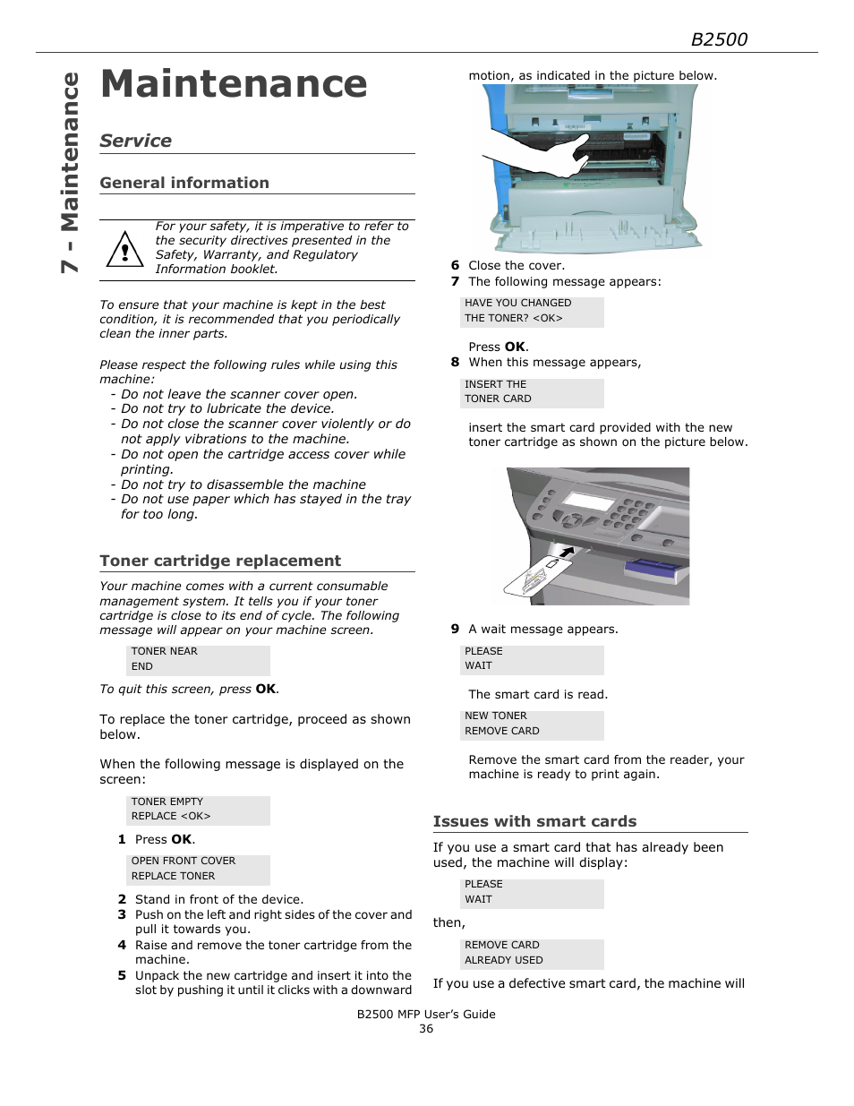 Maintenance, Service, General information | Toner cartridge replacement, Issues with smart cards, 7 - maintenance, B2500 | Xerox B2500 MFP User Manual | Page 36 / 42