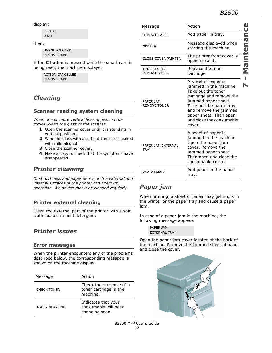 Cleaning, Scanner reading system cleaning, Printer cleaning | Printer external cleaning, Printer issues, Error messages, Paper jam, 7 - maintenance, B2500 | Xerox B2500 MFP User Manual | Page 37 / 42