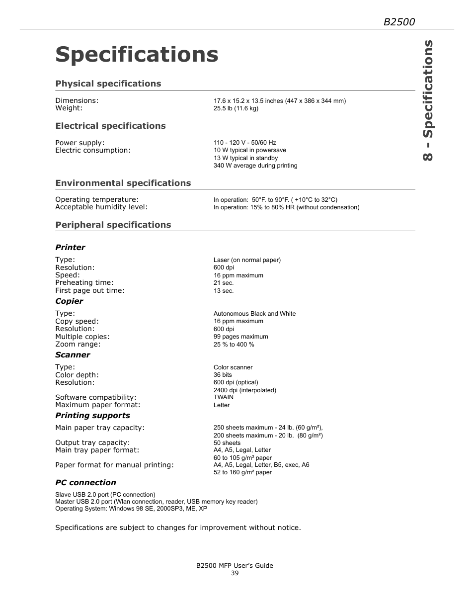 Specifications, Physical specifications, Electrical specifications | Environmental specifications, Peripheral specifications, 8 - specifications, B2500 | Xerox B2500 MFP User Manual | Page 39 / 42