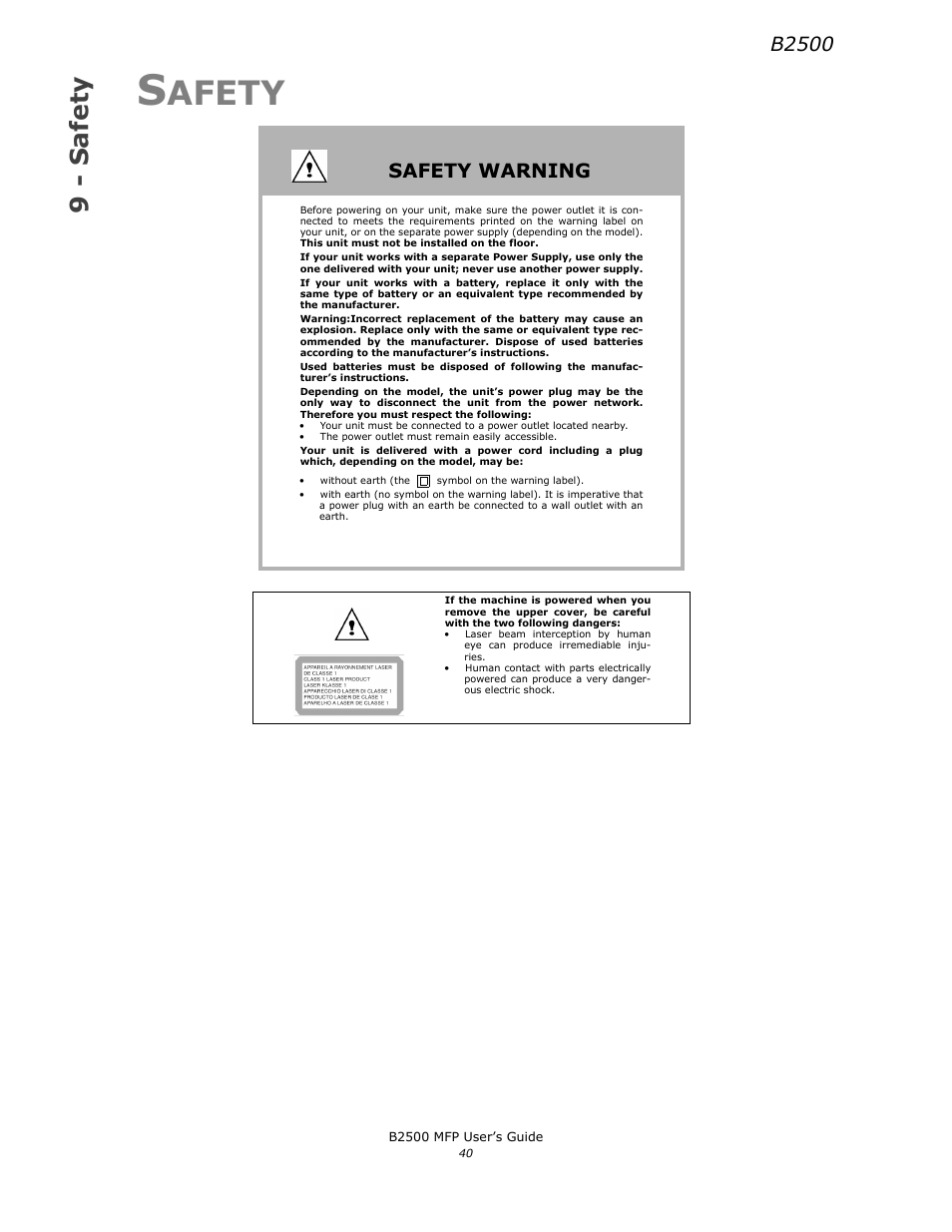 Safety, Afety, 9 - safety | B2500, Safety warning | Xerox B2500 MFP User Manual | Page 40 / 42