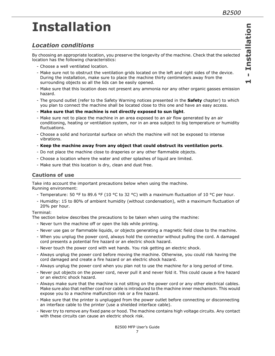 Installation, Location conditions, Cautions of use | 1 - installation, B2500 | Xerox B2500 MFP User Manual | Page 7 / 42