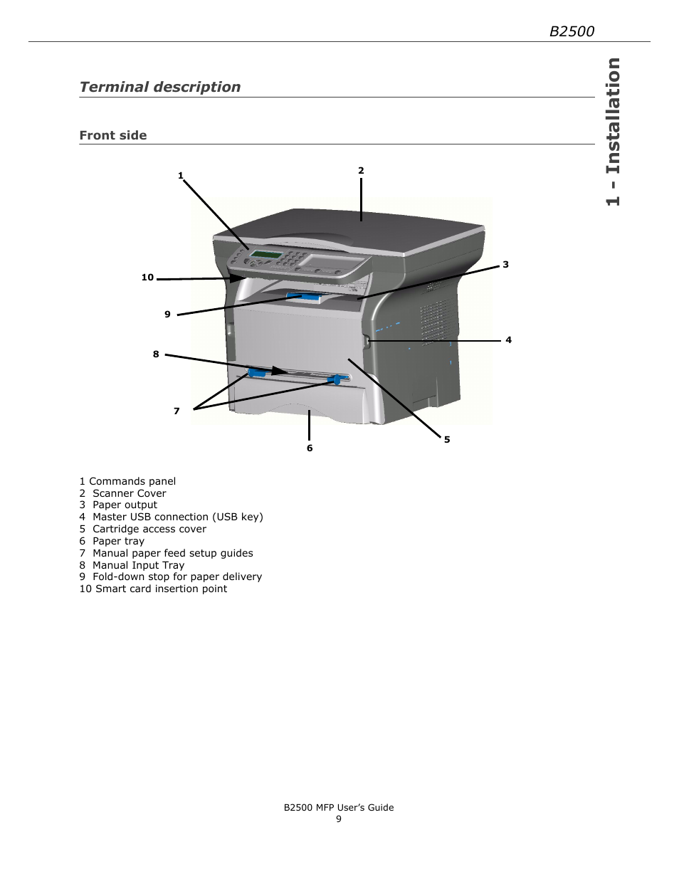 Terminal description, Front side, 1 - installation | B2500 | Xerox B2500 MFP User Manual | Page 9 / 42