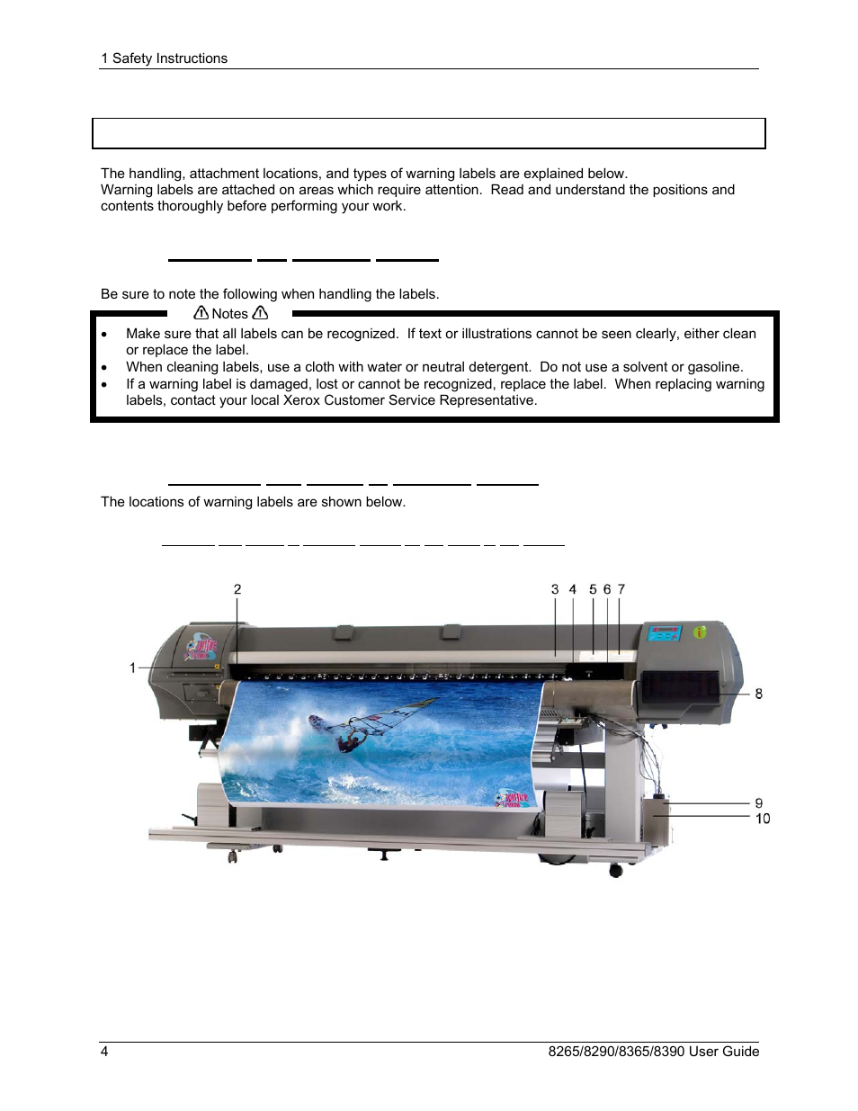 4 warning labels, 1 handling the warning labels, 2 locations and types of warning labels | Warning labels | Xerox 8290 User Manual | Page 12 / 152