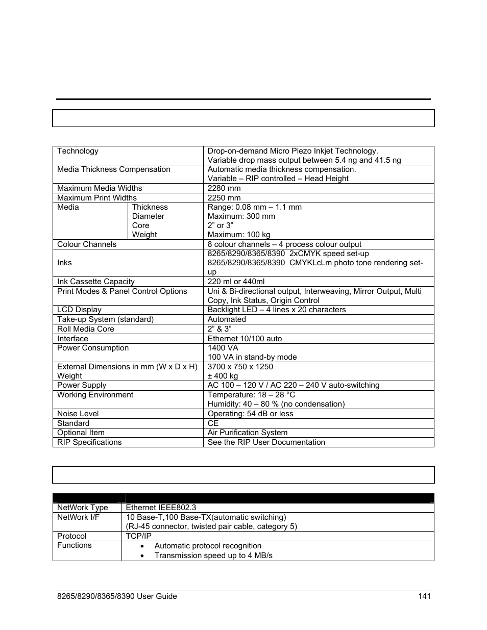8 appendix, 1 product specifications, 2 network interface specifications | Appendix, Product specifications, Network interface specifications | Xerox 8290 User Manual | Page 149 / 152