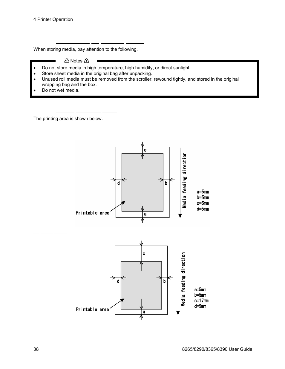 3 precaution on storing media, 4 media printing area | Xerox 8290 User Manual | Page 46 / 152