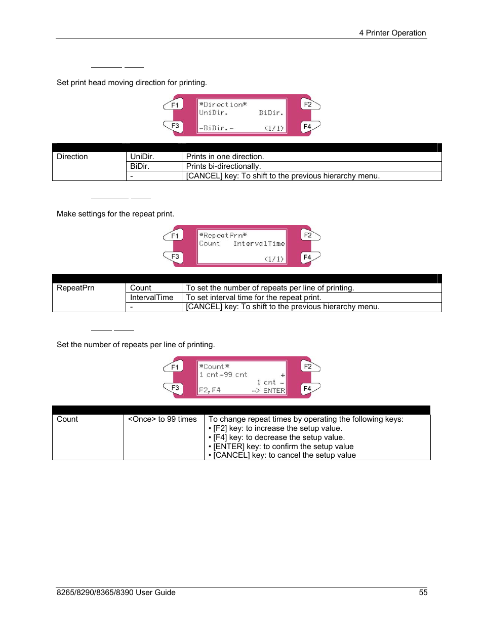 4 direction menu, 5 repeatprn menu, 6 count menu | Xerox 8290 User Manual | Page 63 / 152