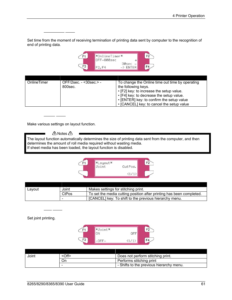 14 onlinetimer menu, 15 layout menu, 16 joint menu | Xerox 8290 User Manual | Page 69 / 152