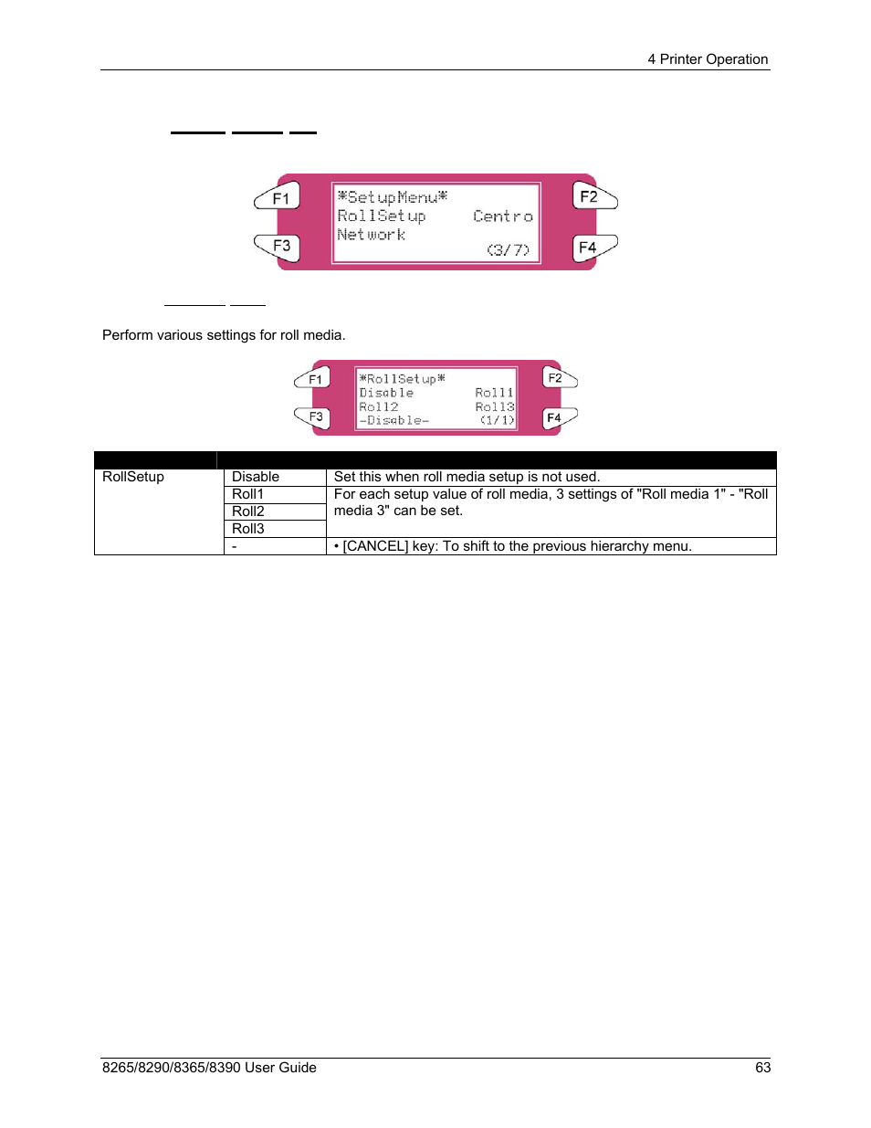 3 setup menu 3/7, 1 rollsetup menu | Xerox 8290 User Manual | Page 71 / 152