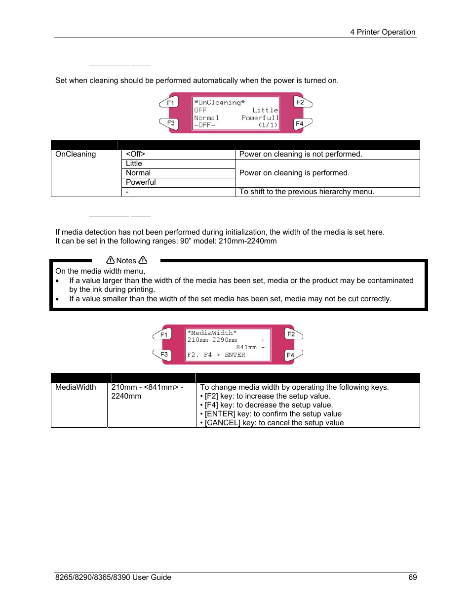 4 oncleaning menu, 5 mediawidth menu | Xerox 8290 User Manual | Page 77 / 152