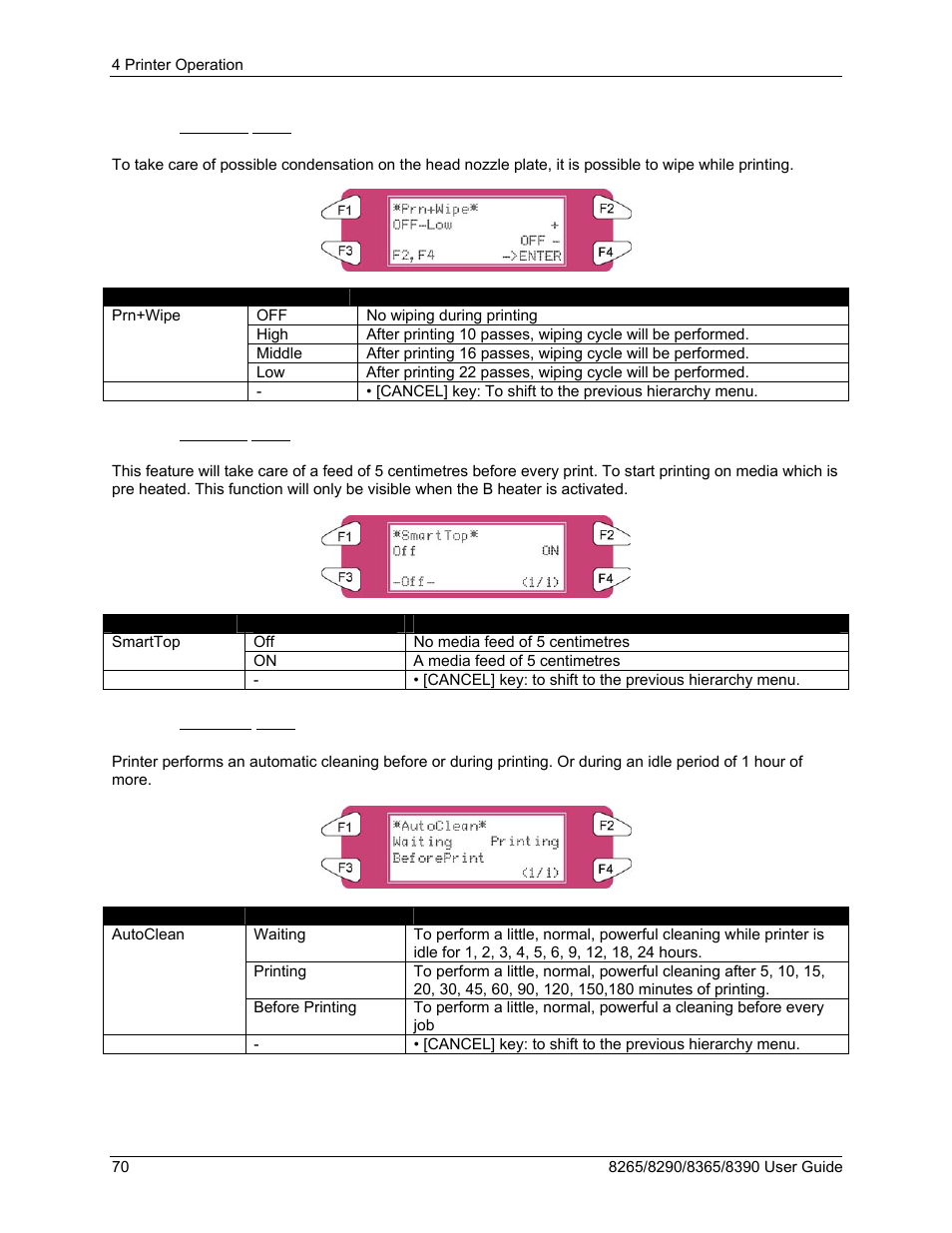 6 prn+wipe menu, 7 smarttop menu, 8 autoclean menu | Xerox 8290 User Manual | Page 78 / 152