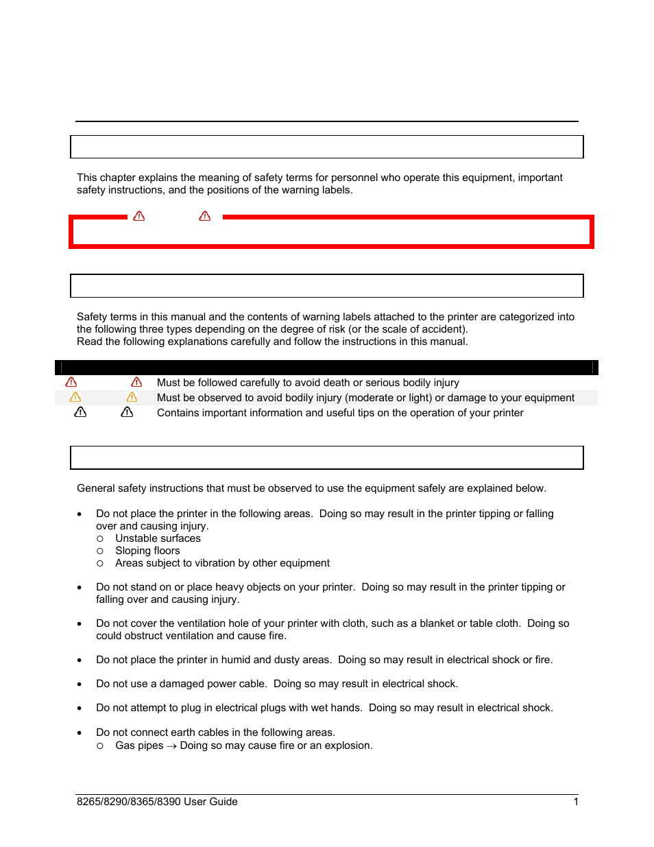 1 safety instructions, 1 introduction, 2 warnings, cautions and notes | 3 important safety instructions, Safety instructions, Introduction, Warnings, cautions and notes, Important safety instructions | Xerox 8290 User Manual | Page 9 / 152