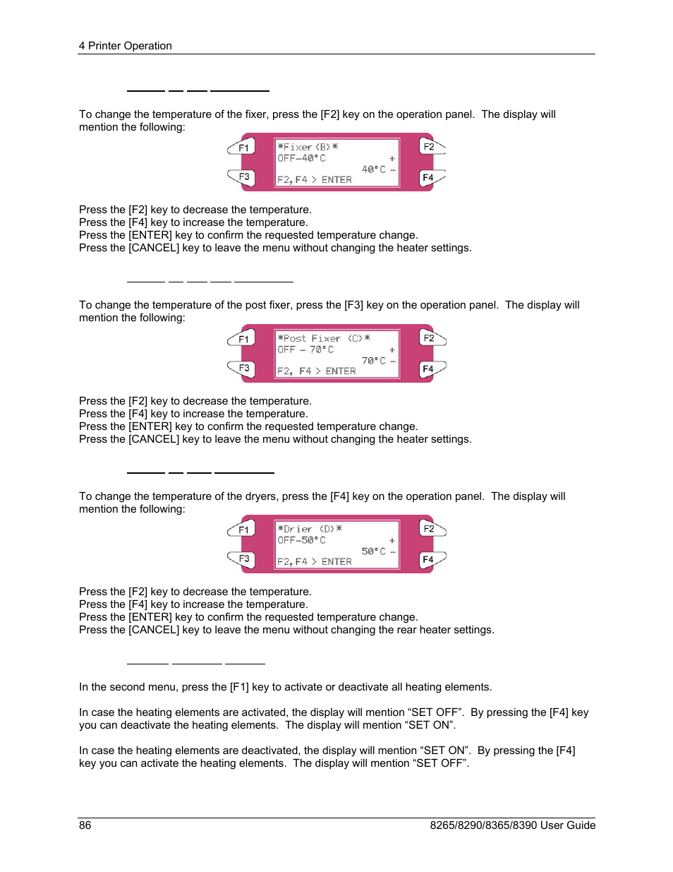 2 change the fixer temperature, 3 change the post fixer temperature, 4 change the dryer temperature | 5 activate/ deactivate heaters | Xerox 8290 User Manual | Page 94 / 152