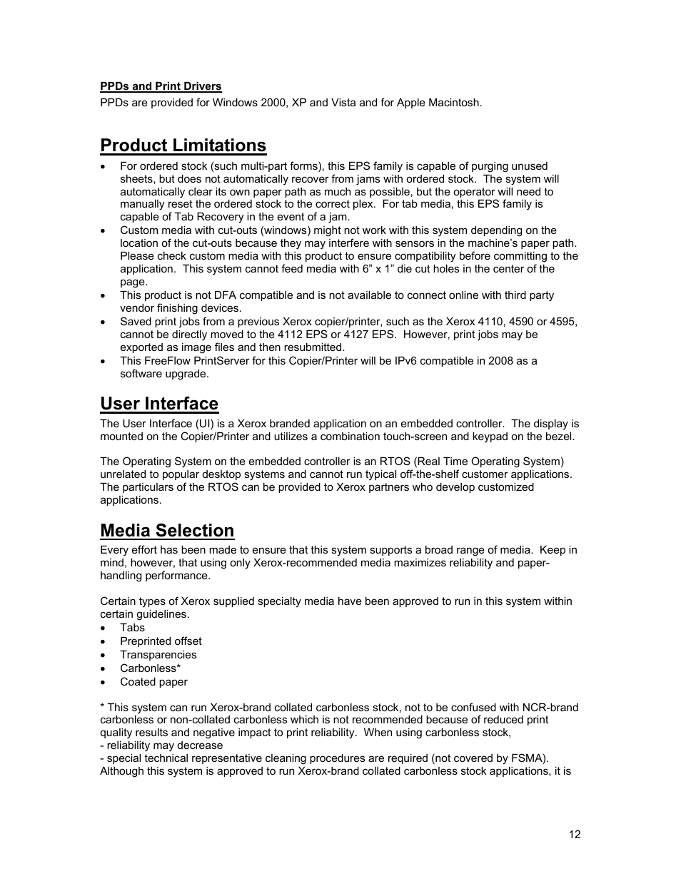 Product limitations, User interface, Media selection | Xerox 4112 User Manual | Page 12 / 21