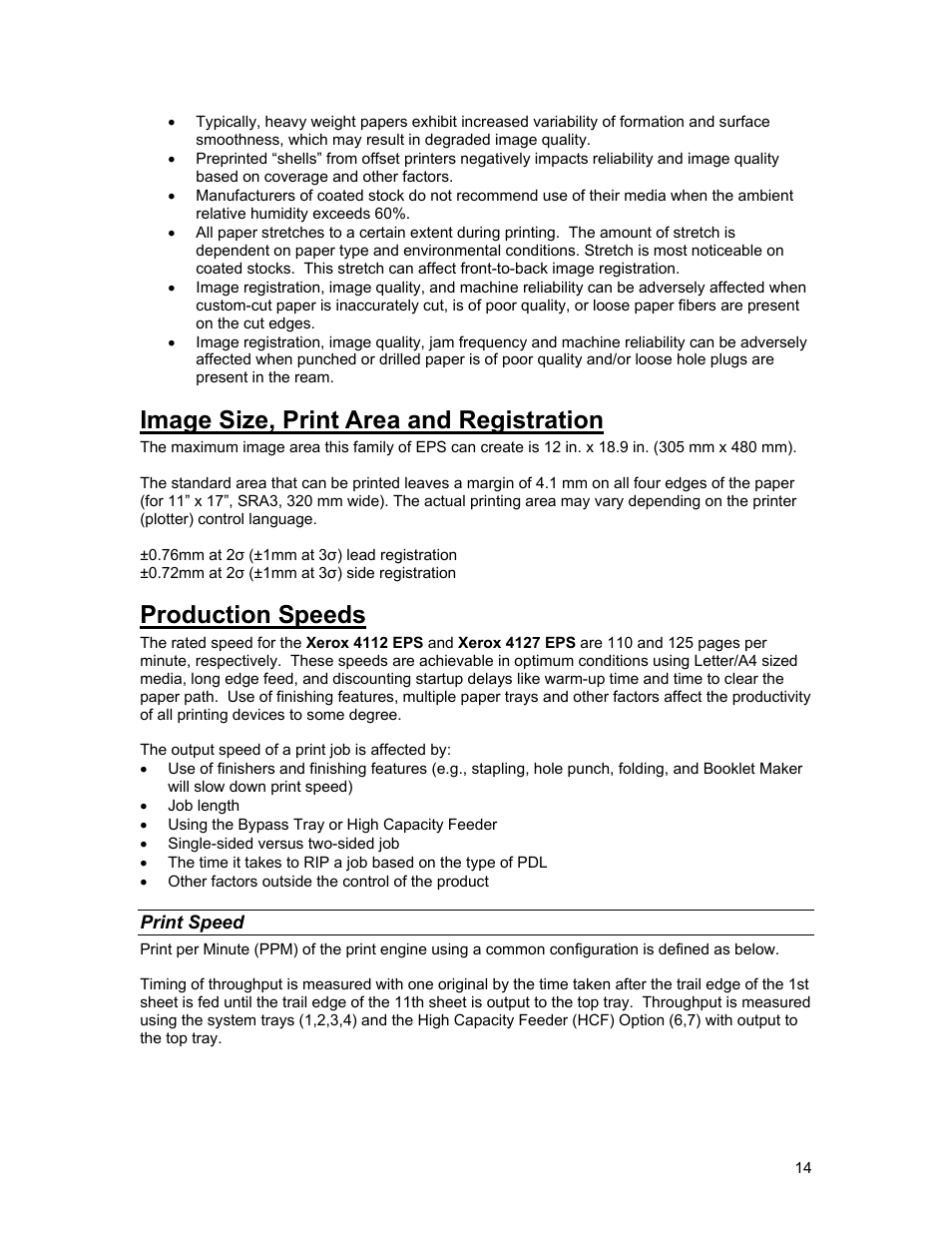 Image size, print area and registration, Production speeds | Xerox 4112 User Manual | Page 14 / 21