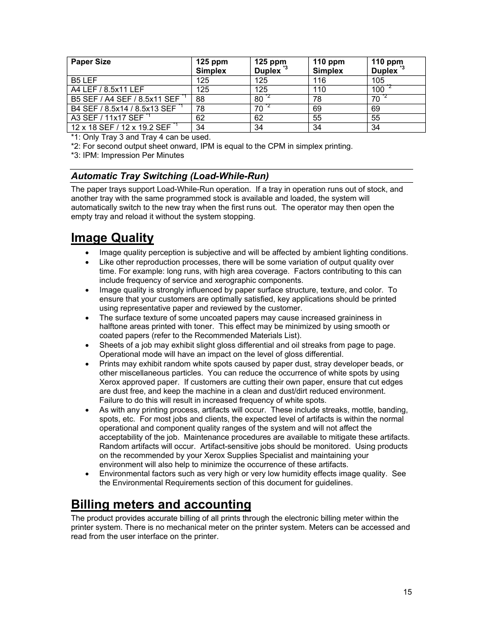 Image quality, Billing meters and accounting, Automatic tray switching (load-while-run) | Xerox 4112 User Manual | Page 15 / 21