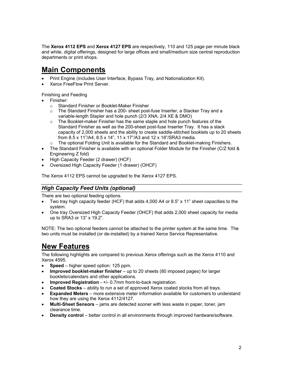 Main components, New features | Xerox 4112 User Manual | Page 2 / 21