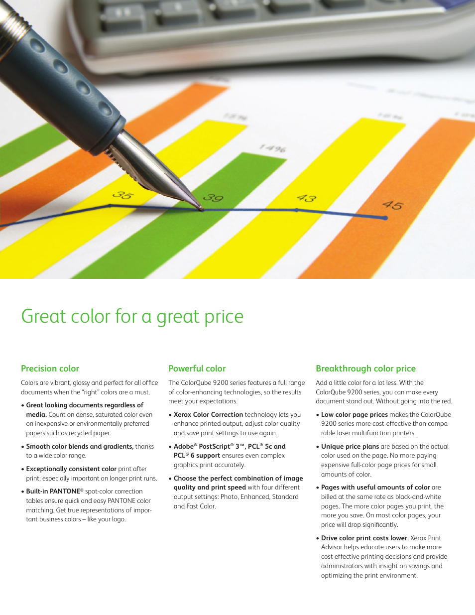Great color for a great price, Precision color, Powerful color | Breakthrough color price | Xerox ColorQube 9201  EN User Manual | Page 3 / 8