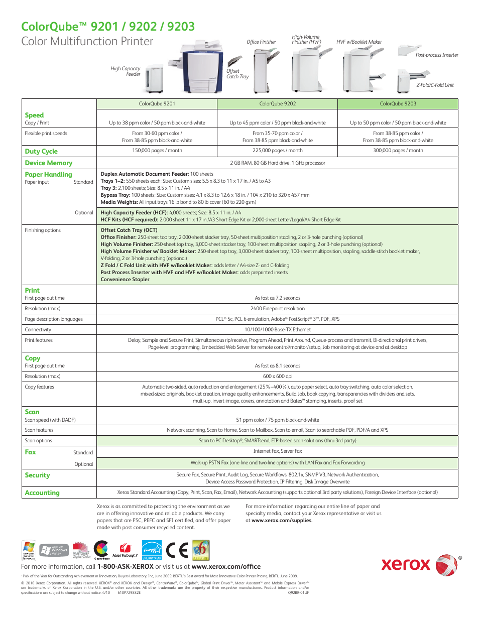 Speed, Duty cycle, Paper handling | Print, Copy, Scan, Security, Accounting | Xerox ColorQube 9201  EN User Manual | Page 8 / 8