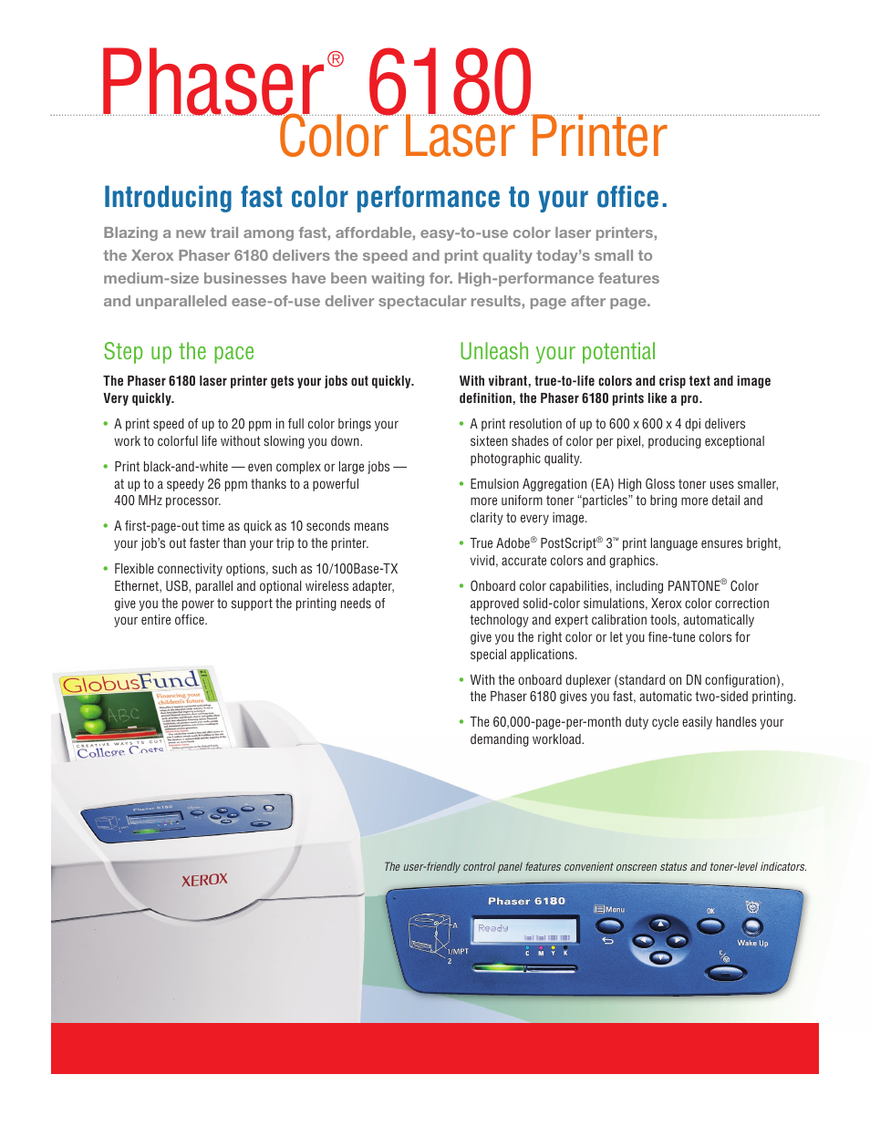 Phaser, Color laser printer, Introducing fast color performance to your office | Step up the pace, Unleash your potential | Xerox 6180 User Manual | Page 2 / 4