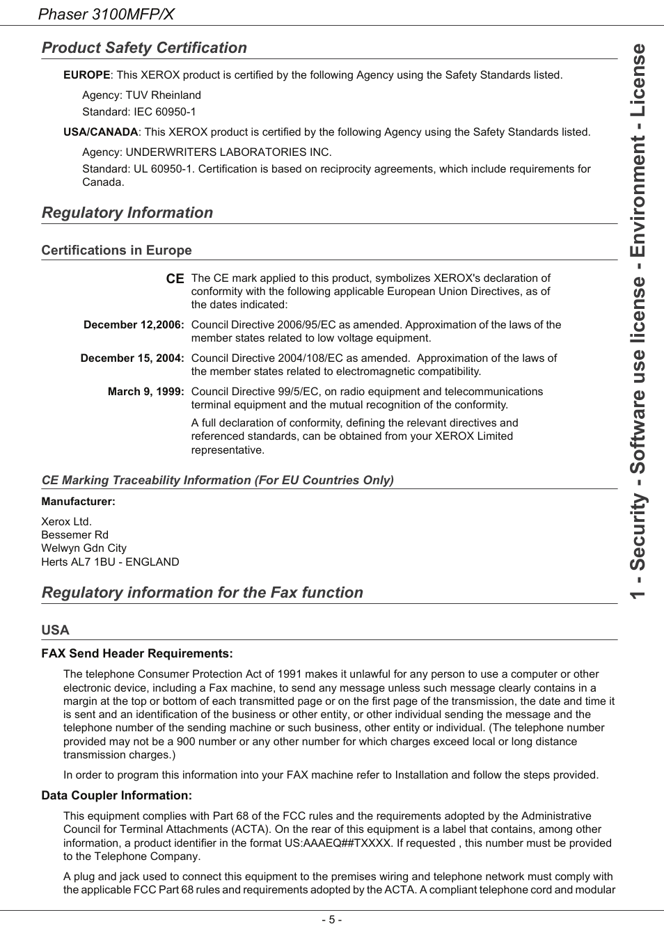Product safety certification, Regulatory information, Certifications in europe | Regulatory information for the fax function, Ce marking traceability information, For eu countries only), Usa 5, Phaser 3100mfp/x | Xerox Phaser 3100MFP/X User Manual | Page 10 / 90