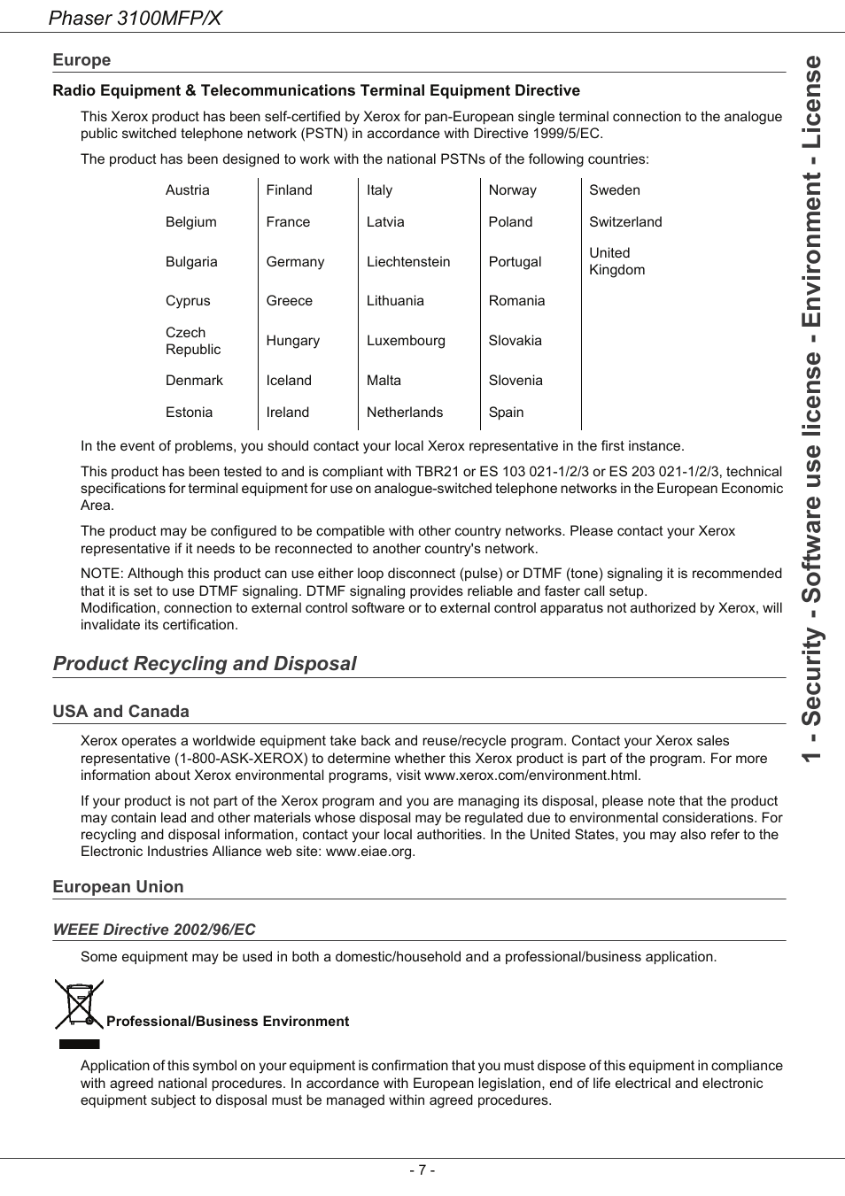 Europe, Product recycling and disposal, Usa and canada | European union, Weee directive 2002/96/ec, Europe 7, Phaser 3100mfp/x | Xerox Phaser 3100MFP/X User Manual | Page 12 / 90