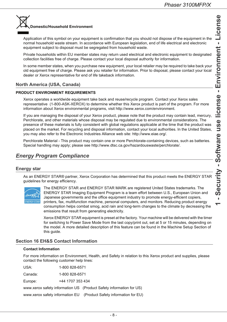 North america (usa, canada), Energy program compliance, Energy star | Section 16 eh&s contact information, Phaser 3100mfp/x | Xerox Phaser 3100MFP/X User Manual | Page 13 / 90