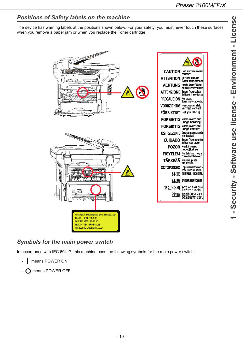 Positions of safety labels on the machine, Symbols for the main power switch, Phaser 3100mfp/x | Xerox Phaser 3100MFP/X User Manual | Page 15 / 90