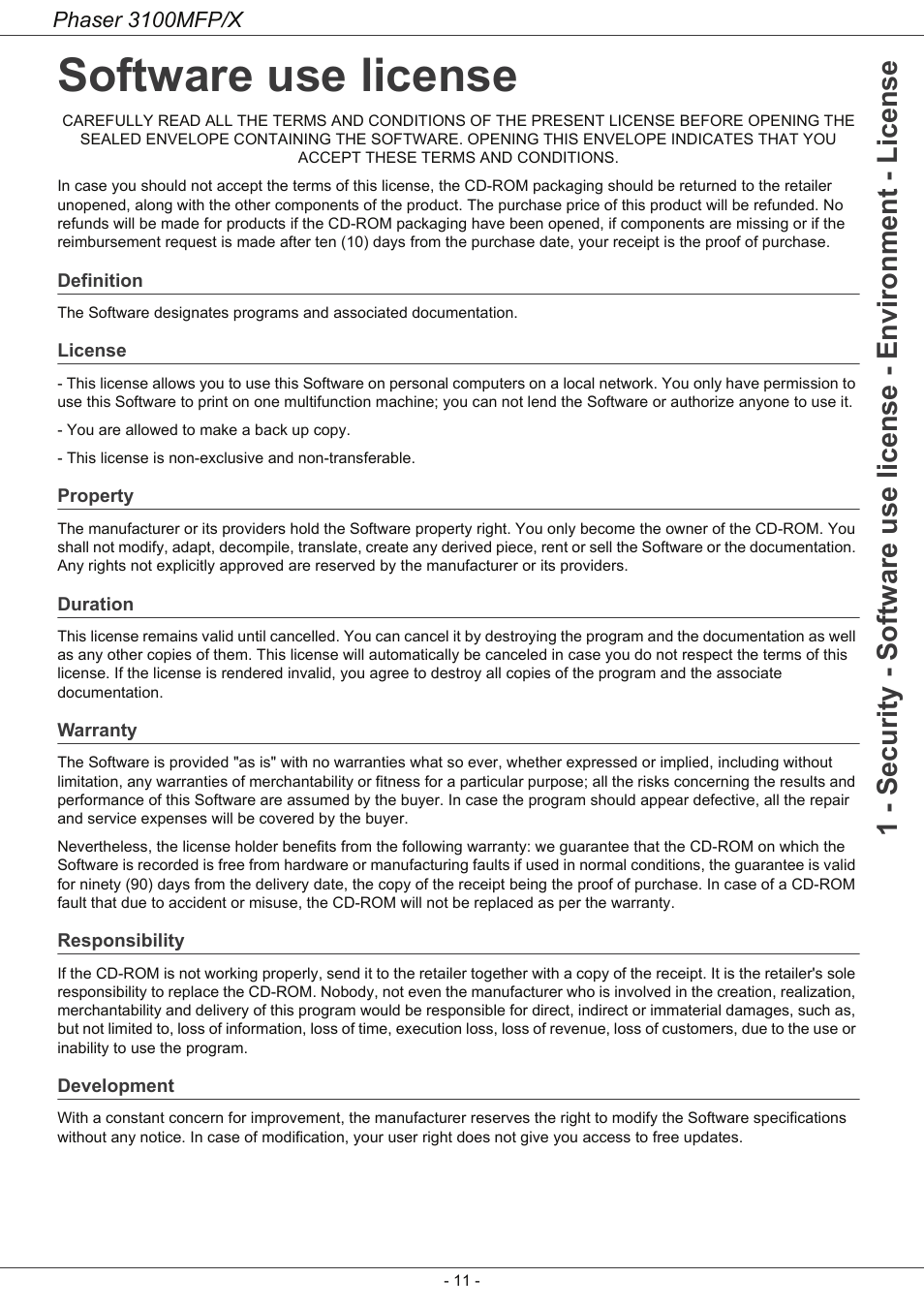 Software use license, Definition, License | Property, Duration, Warranty, Responsibility, Development | Xerox Phaser 3100MFP/X User Manual | Page 16 / 90