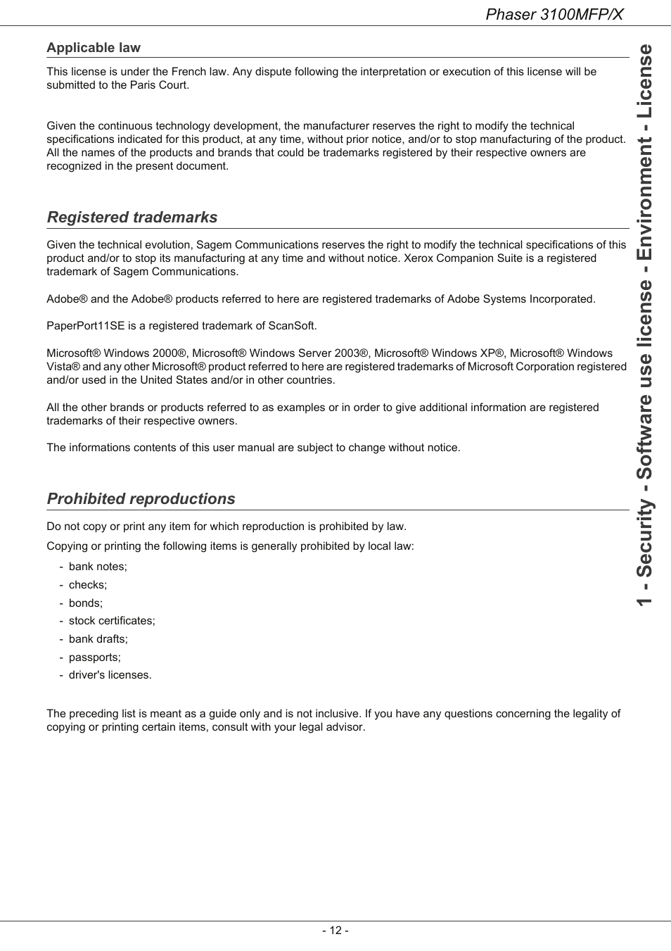 Applicable law, Registered trademarks, Prohibited reproductions | Phaser 3100mfp/x | Xerox Phaser 3100MFP/X User Manual | Page 17 / 90