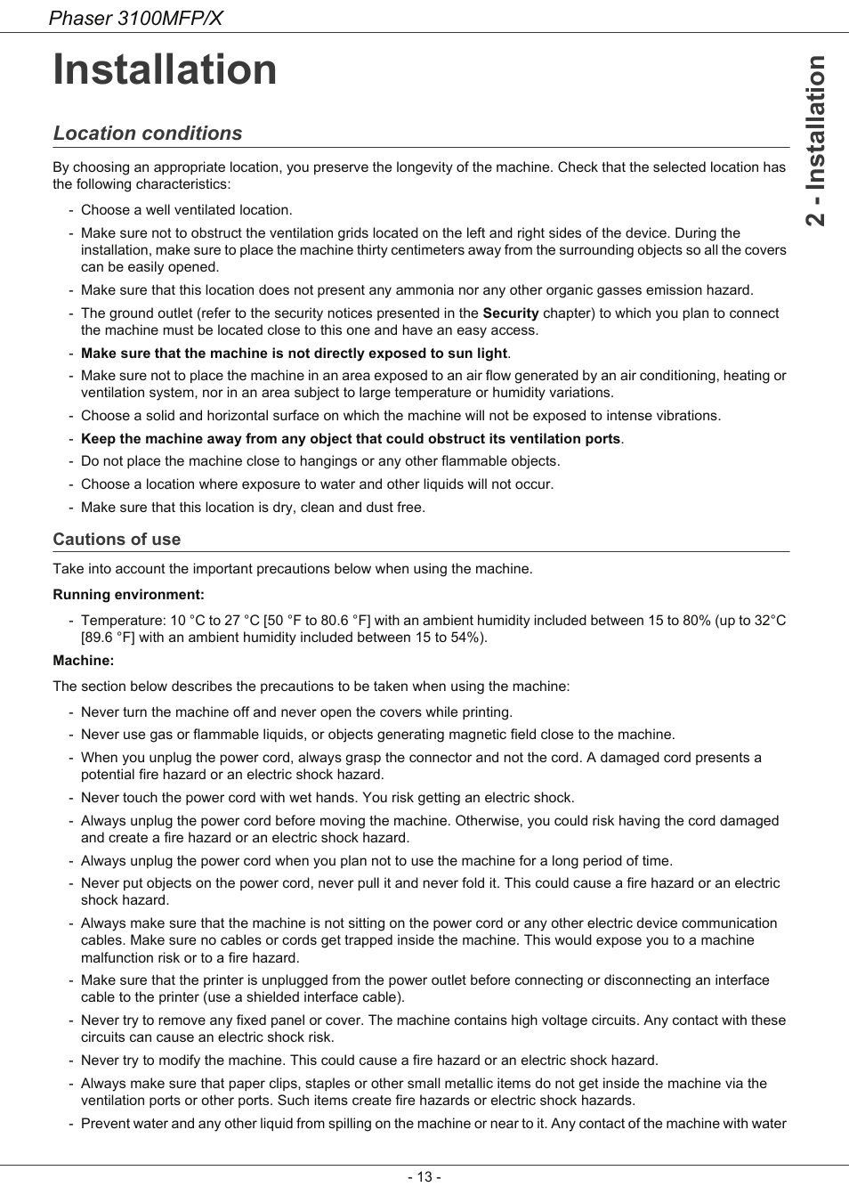 Installation, Location conditions, Cautions of use | Installation 13, 2 - installation, Phaser 3100mfp/x | Xerox Phaser 3100MFP/X User Manual | Page 18 / 90
