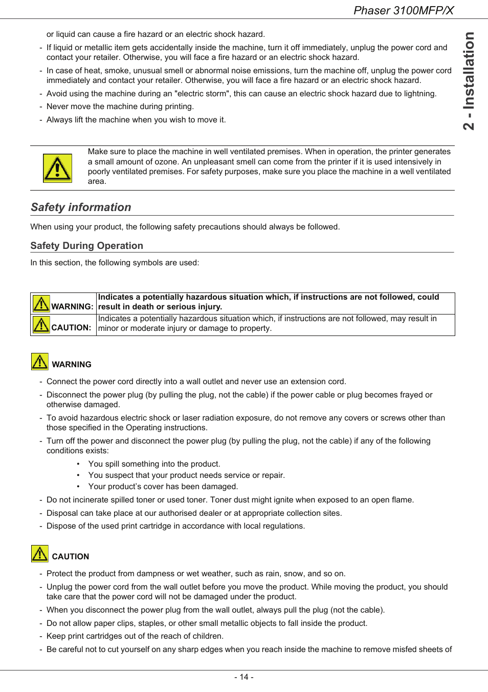 Safety information, Safety during operation, 2 - installation | Phaser 3100mfp/x | Xerox Phaser 3100MFP/X User Manual | Page 19 / 90