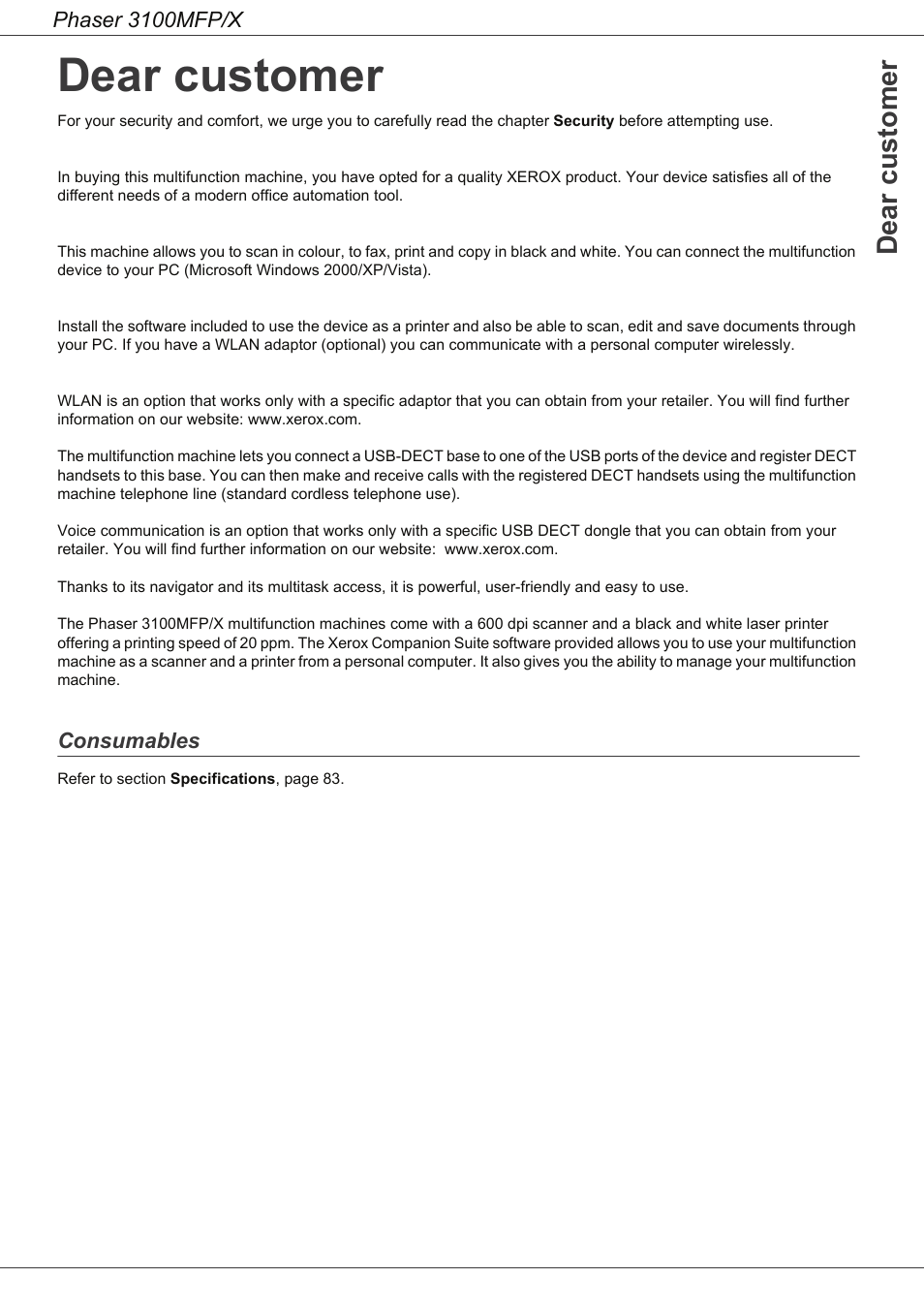 Dear customer, Consumables | Xerox Phaser 3100MFP/X User Manual | Page 2 / 90