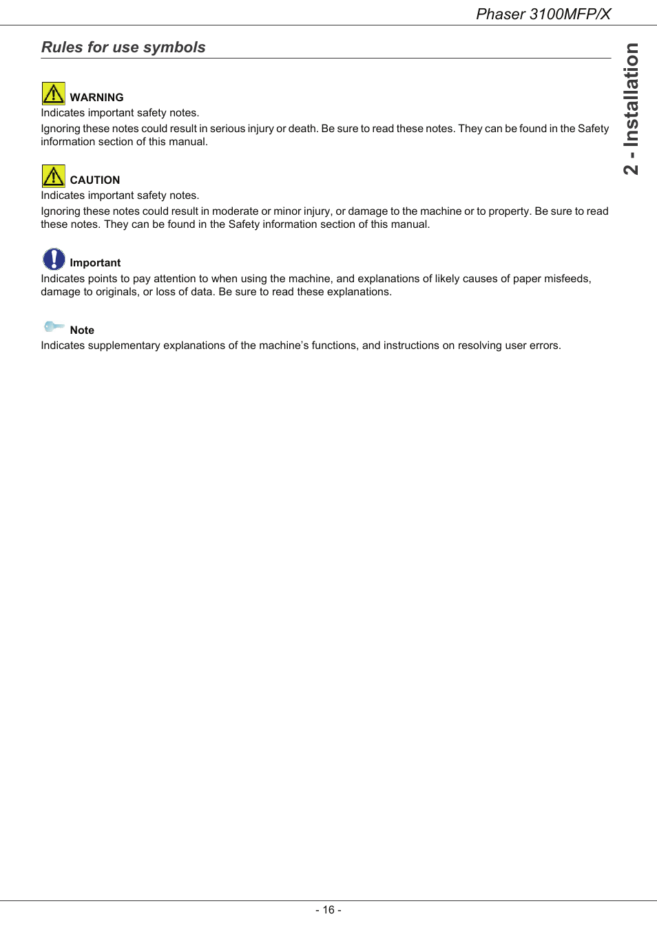 Rules for use symbols, 2 - installation, Phaser 3100mfp/x | Xerox Phaser 3100MFP/X User Manual | Page 21 / 90