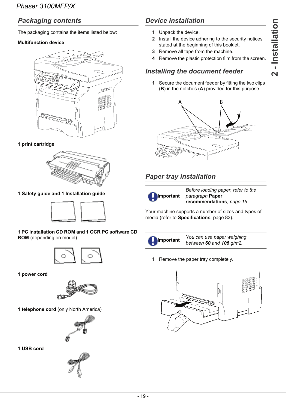 Packaging contents, Device installation, Installing the document feeder | Paper tray installation, 2 - installation, Phaser 3100mfp/x | Xerox Phaser 3100MFP/X User Manual | Page 24 / 90