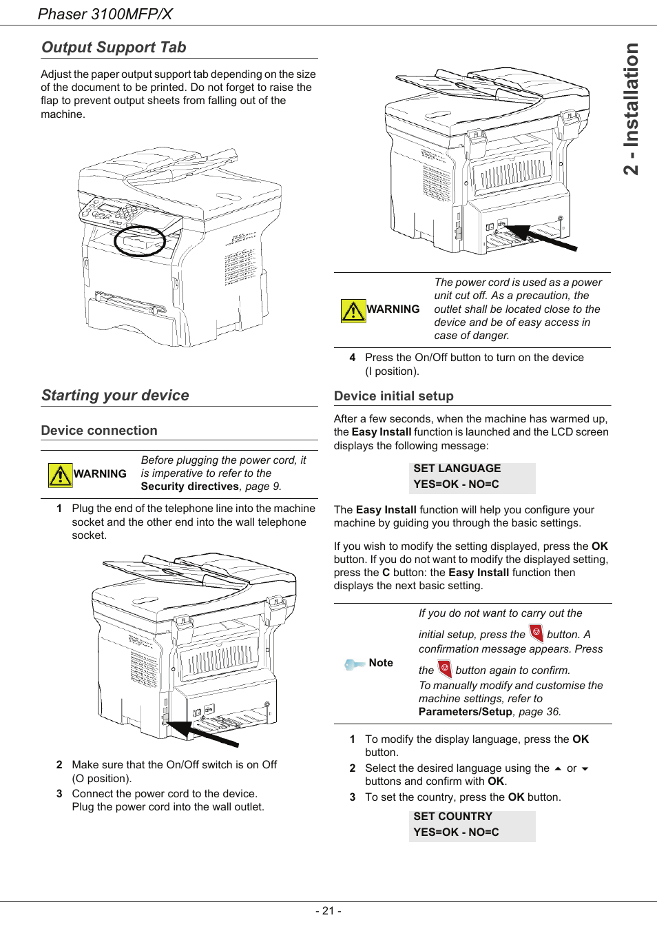 Output support tab, Starting your device, Device connection | Device initial setup, 2 - installation, Phaser 3100mfp/x | Xerox Phaser 3100MFP/X User Manual | Page 26 / 90