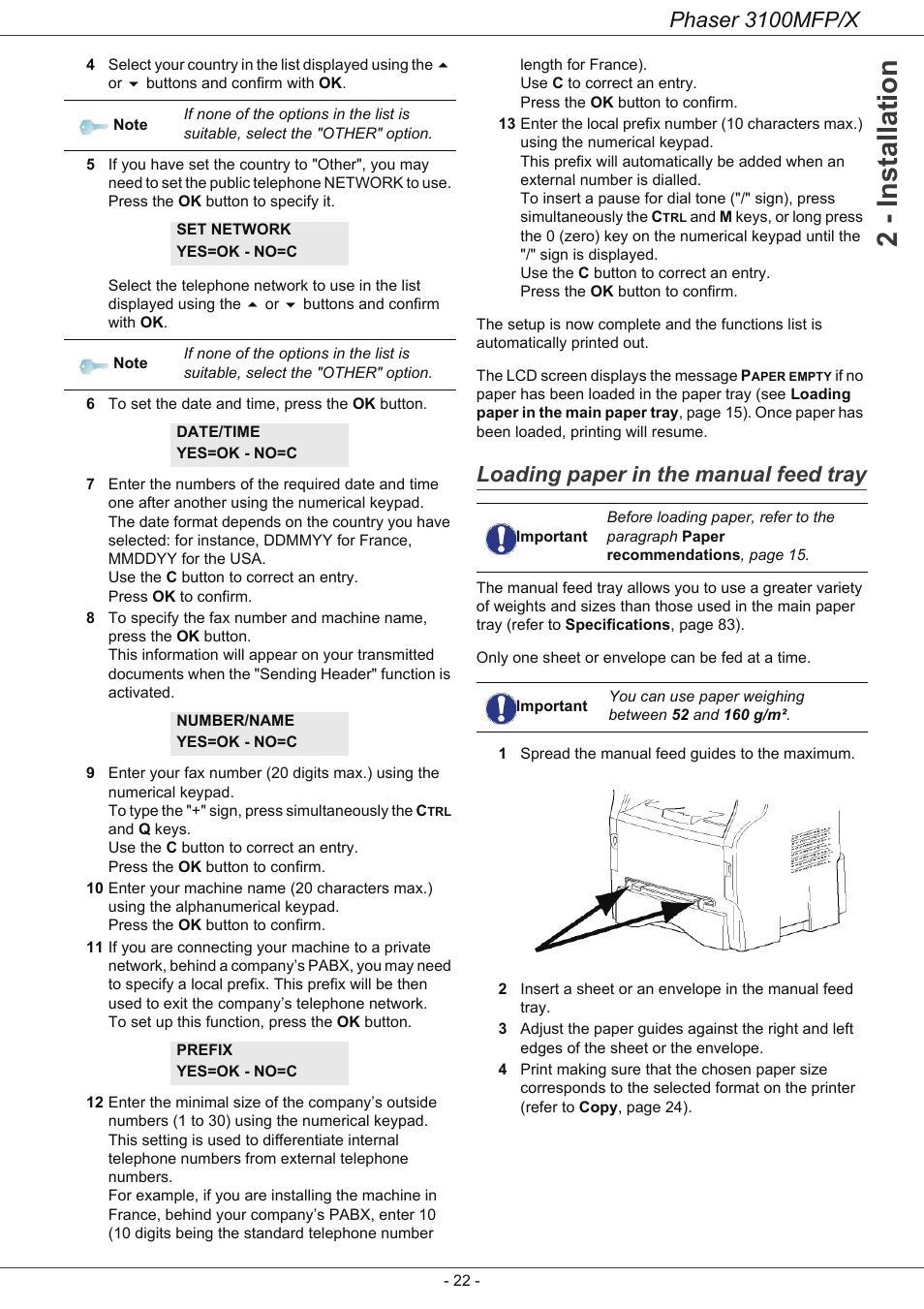 Loading paper in the manual feed tray, 2 - installation, Phaser 3100mfp/x | Xerox Phaser 3100MFP/X User Manual | Page 27 / 90