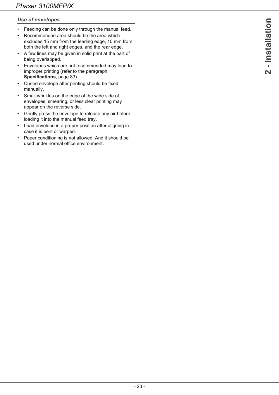 Use of envelopes, 2 - installation, Phaser 3100mfp/x | Xerox Phaser 3100MFP/X User Manual | Page 28 / 90