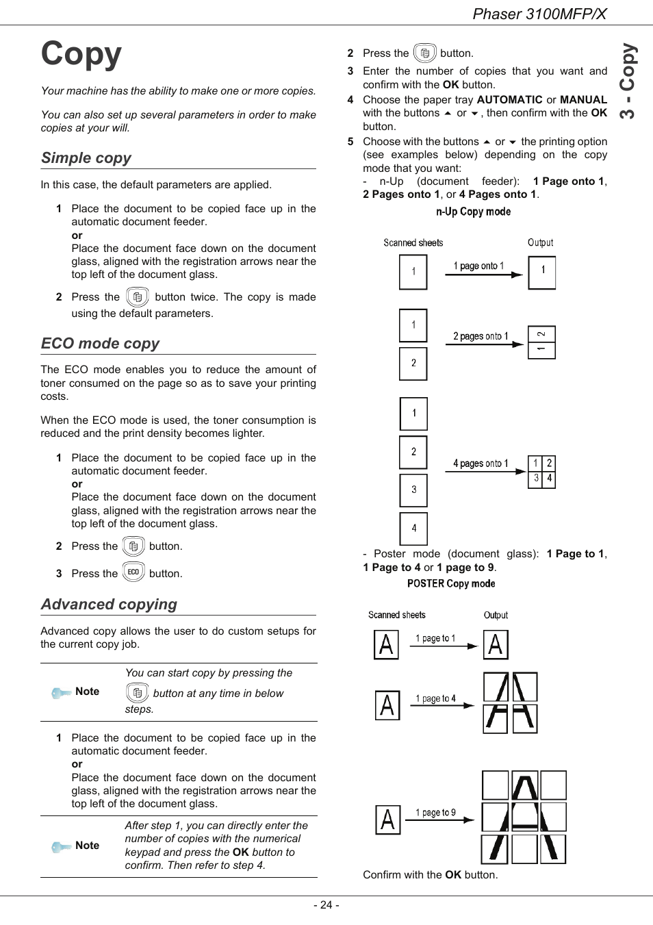 Copy, Simple copy, Eco mode copy | Advanced copying, Copy 24, 3 - co py, Phaser 3100mfp/x | Xerox Phaser 3100MFP/X User Manual | Page 29 / 90