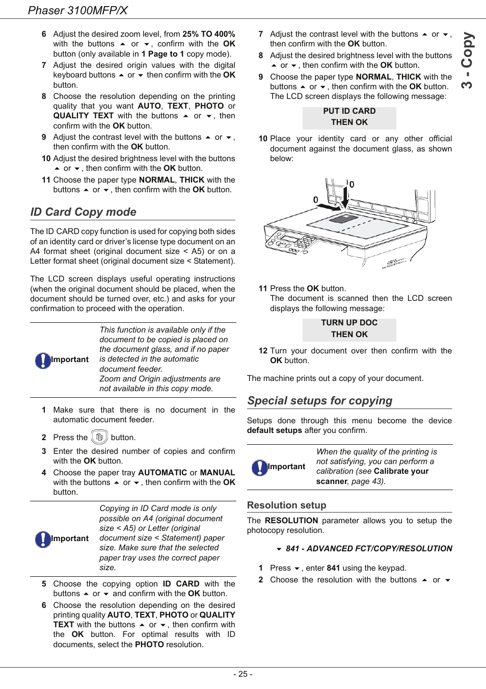 Id card copy mode, Special setups for copying, Resolution setup | 3 - co py, Phaser 3100mfp/x | Xerox Phaser 3100MFP/X User Manual | Page 30 / 90
