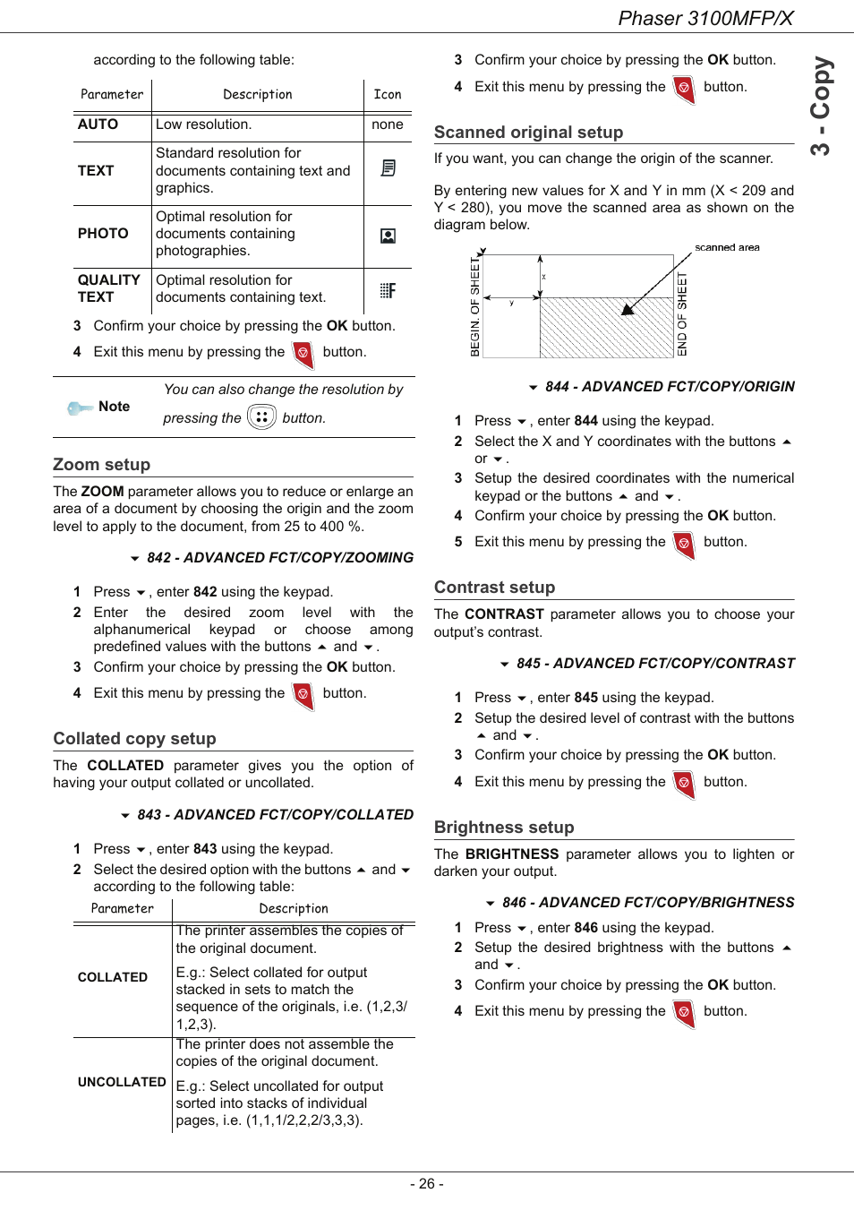 Zoom setup, Collated copy setup, Scanned original setup | Contrast setup, Brightness setup, 3 - co py, Phaser 3100mfp/x | Xerox Phaser 3100MFP/X User Manual | Page 31 / 90