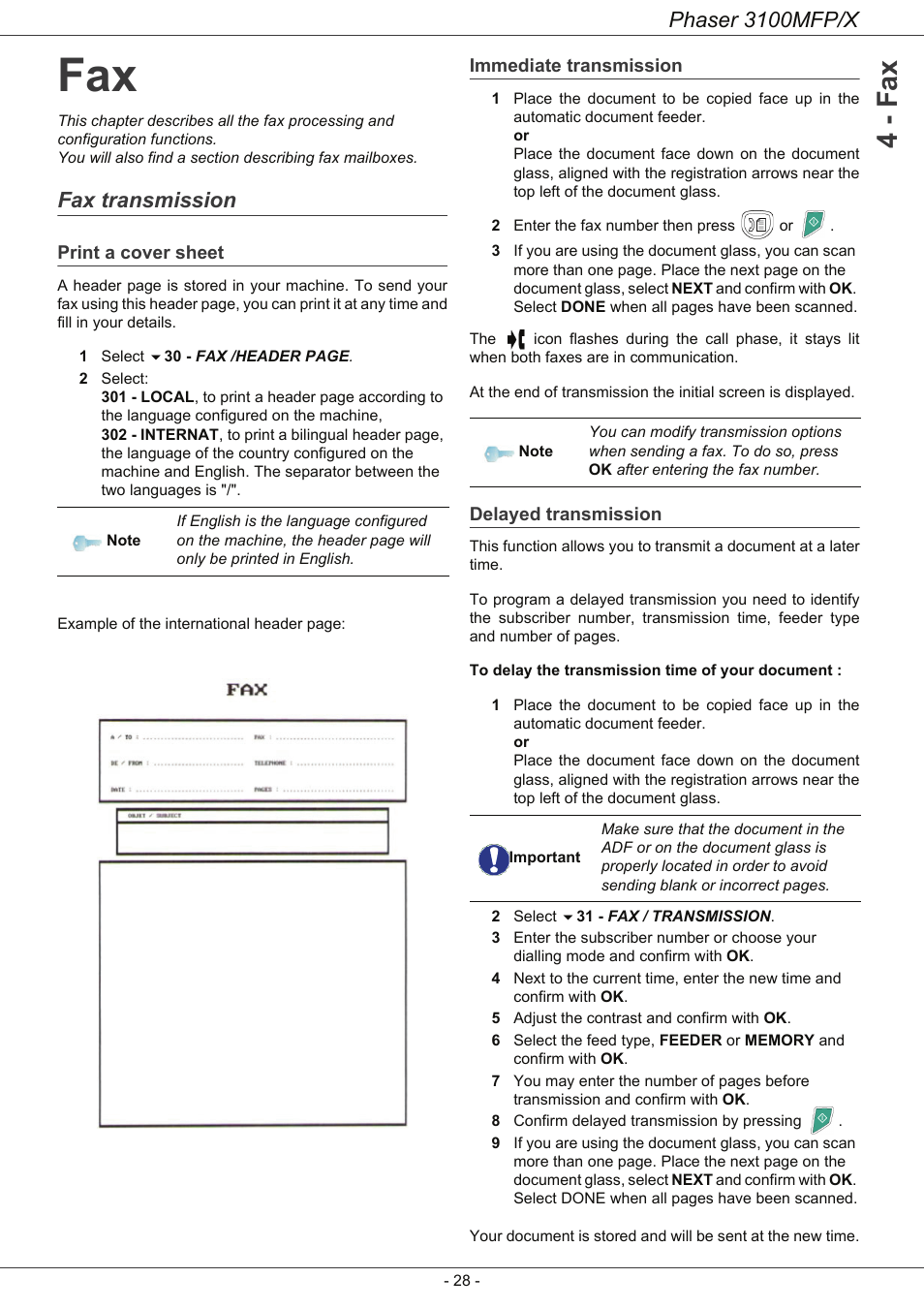 Fax transmission, Print a cover sheet, Immediate transmission | Delayed transmission, Fax 28, 4 - fax, Phaser 3100mfp/x | Xerox Phaser 3100MFP/X User Manual | Page 33 / 90
