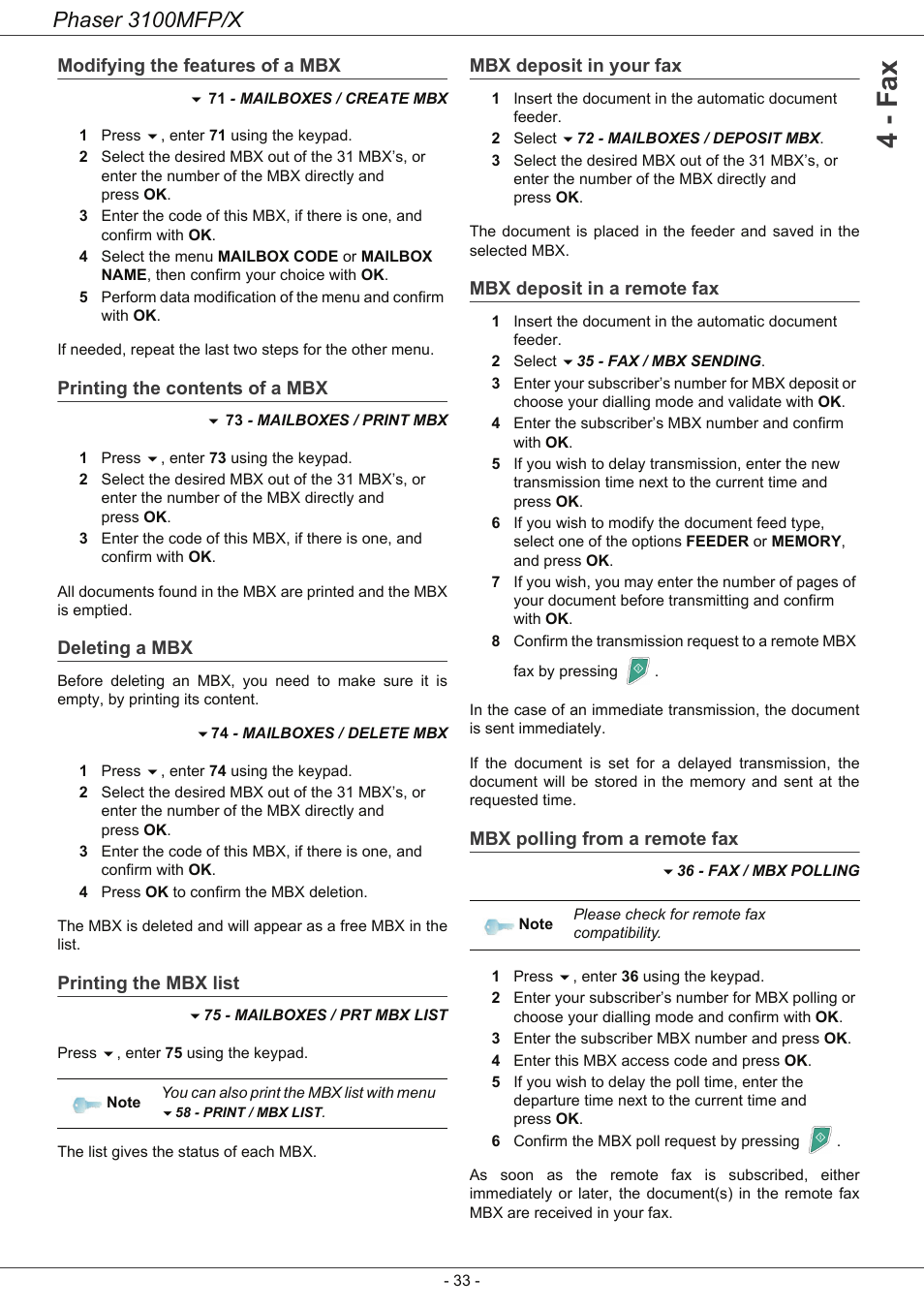Modifying the features of a mbx, Printing the contents of a mbx, Deleting a mbx | Printing the mbx list, Mbx deposit in your fax, Mbx deposit in a remote fax, Mbx polling from a remote fax, 4 - fax, Phaser 3100mfp/x | Xerox Phaser 3100MFP/X User Manual | Page 38 / 90