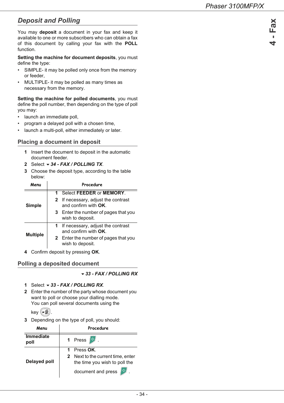 Deposit and polling, Placing a document in deposit, Polling a deposited document | 4 - fax, Phaser 3100mfp/x | Xerox Phaser 3100MFP/X User Manual | Page 39 / 90