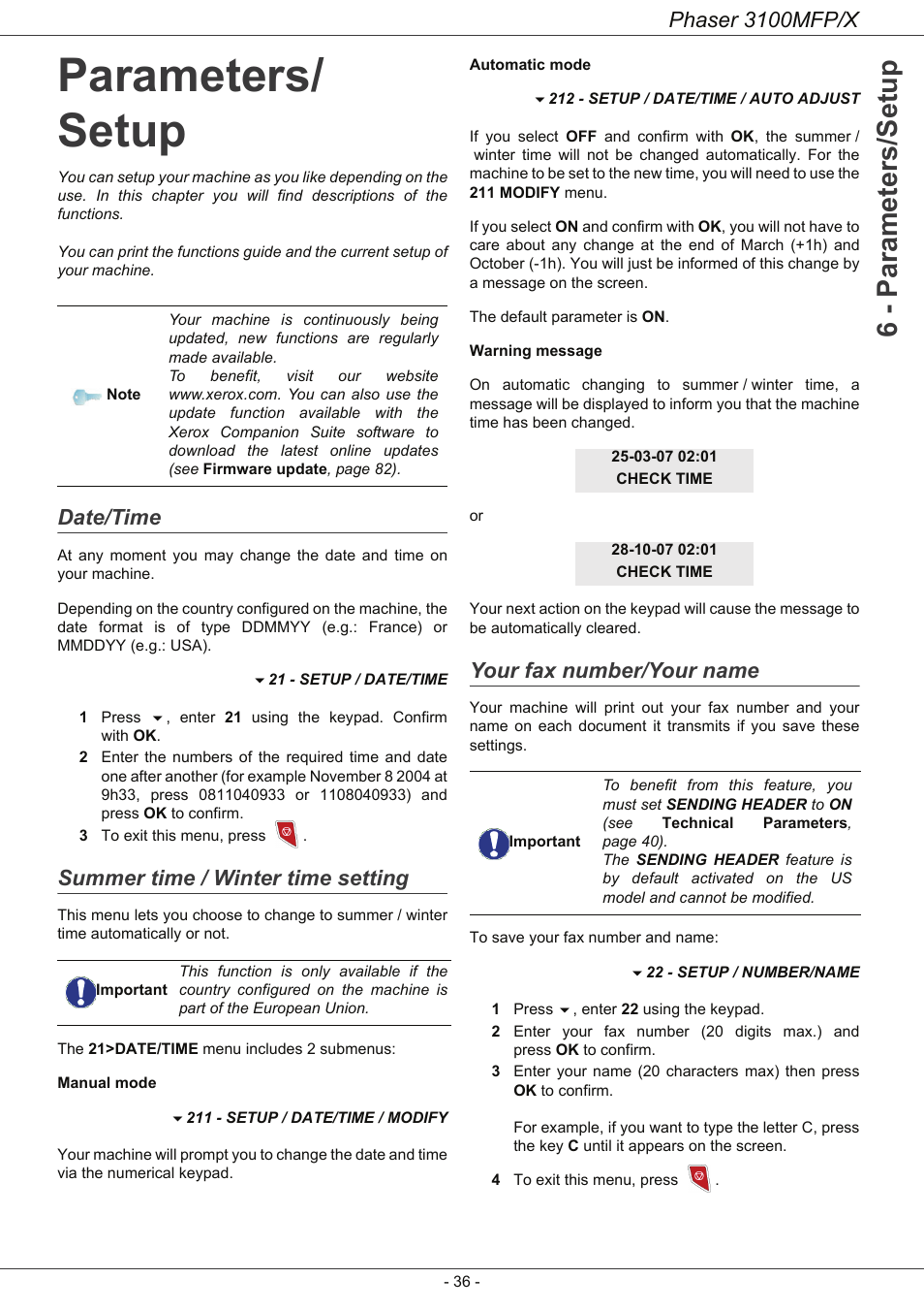 Parameters/ setup, Date/time, Summer time / winter time setting | Your fax number/your name, Parameters/setup 36, Date/time 36 summer time / winter time setting, 6 - parameters/setup, Phaser 3100mfp/x | Xerox Phaser 3100MFP/X User Manual | Page 41 / 90