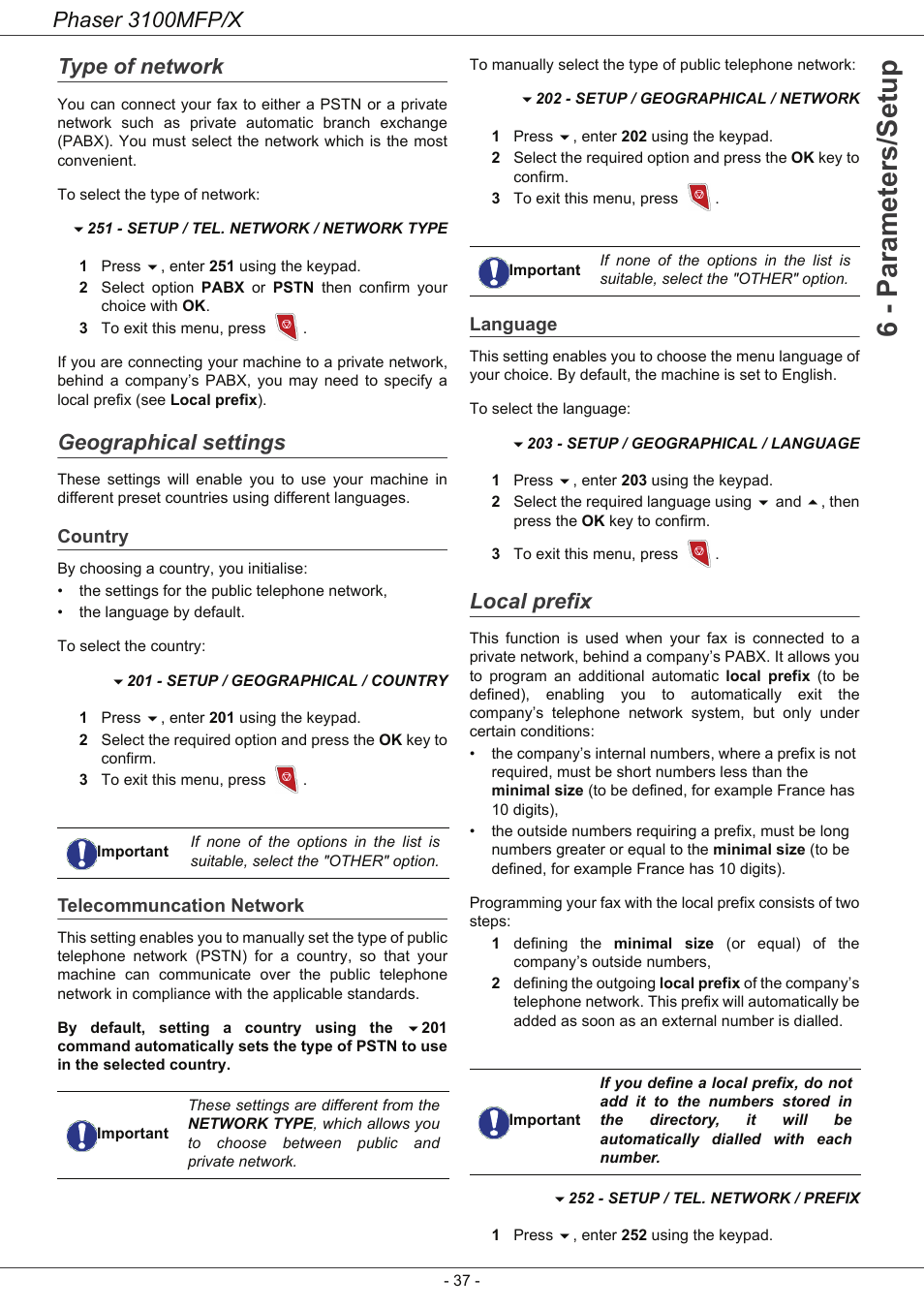 Type of network, Geographical settings, Country | Telecommuncation network, Language, Local prefix, Country 37 telecommuncation network, Language 37, 6 - parameters/setup, Phaser 3100mfp/x | Xerox Phaser 3100MFP/X User Manual | Page 42 / 90