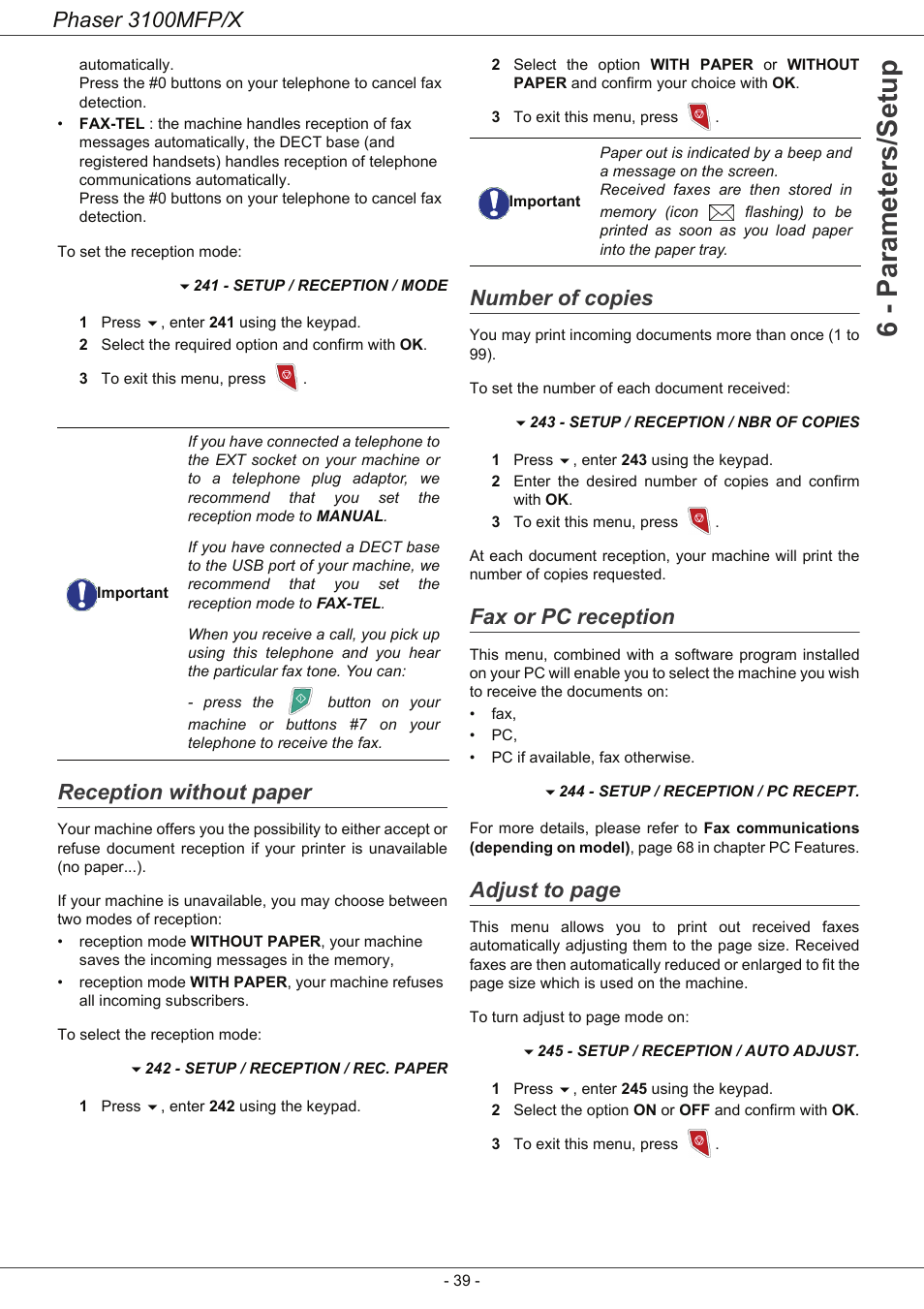 Reception without paper, Number of copies, Fax or pc reception | 6 - parameters/setup, Phaser 3100mfp/x, Adjust to page | Xerox Phaser 3100MFP/X User Manual | Page 44 / 90