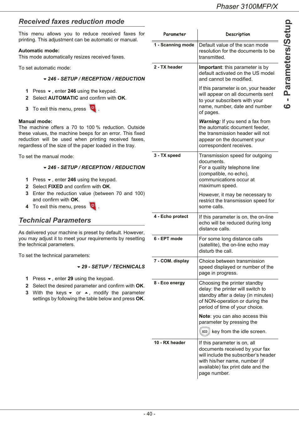 Received faxes reduction mode, Technical parameters, 6 - parameters/setup | Phaser 3100mfp/x | Xerox Phaser 3100MFP/X User Manual | Page 45 / 90