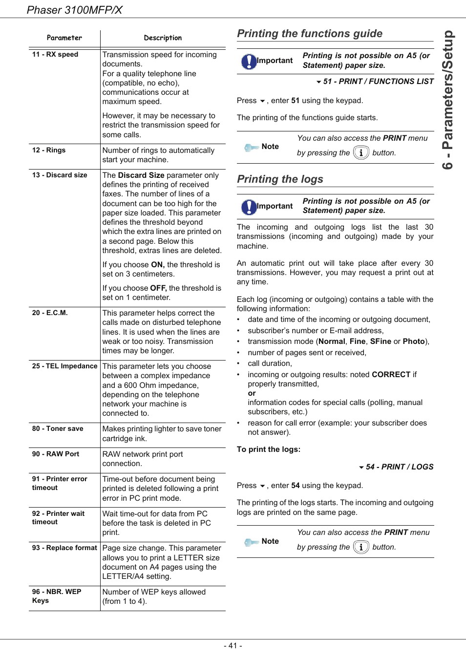 Printing the functions guide, Printing the logs, 6 - parameters/setup | Phaser 3100mfp/x | Xerox Phaser 3100MFP/X User Manual | Page 46 / 90