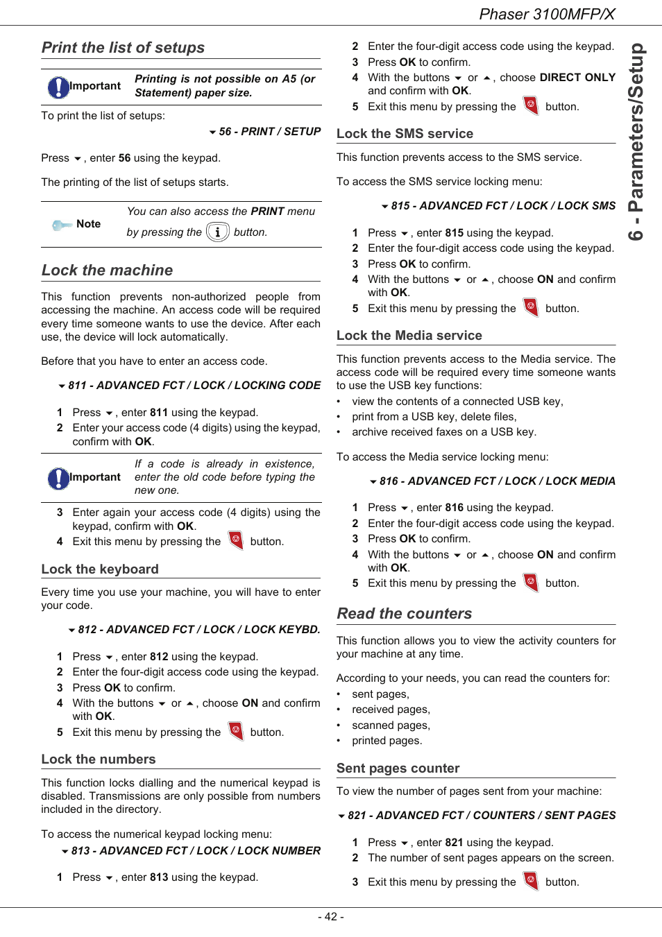 Print the list of setups, Lock the machine, Lock the keyboard | Lock the numbers, Lock the sms service, Lock the media service, Read the counters, 6 - parameters/setup, Phaser 3100mfp/x | Xerox Phaser 3100MFP/X User Manual | Page 47 / 90
